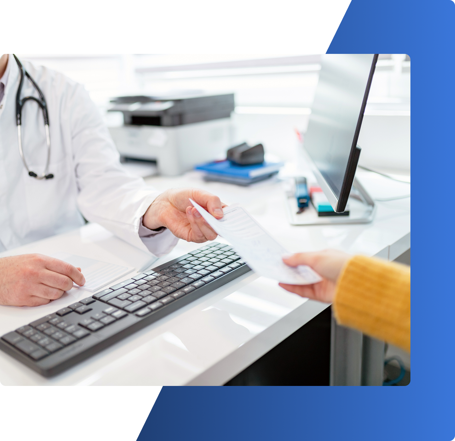 Doctor handing document to patient