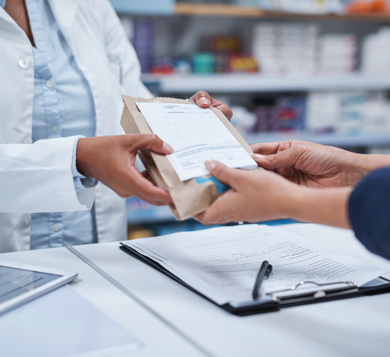 Receiving medication package from pharmacist